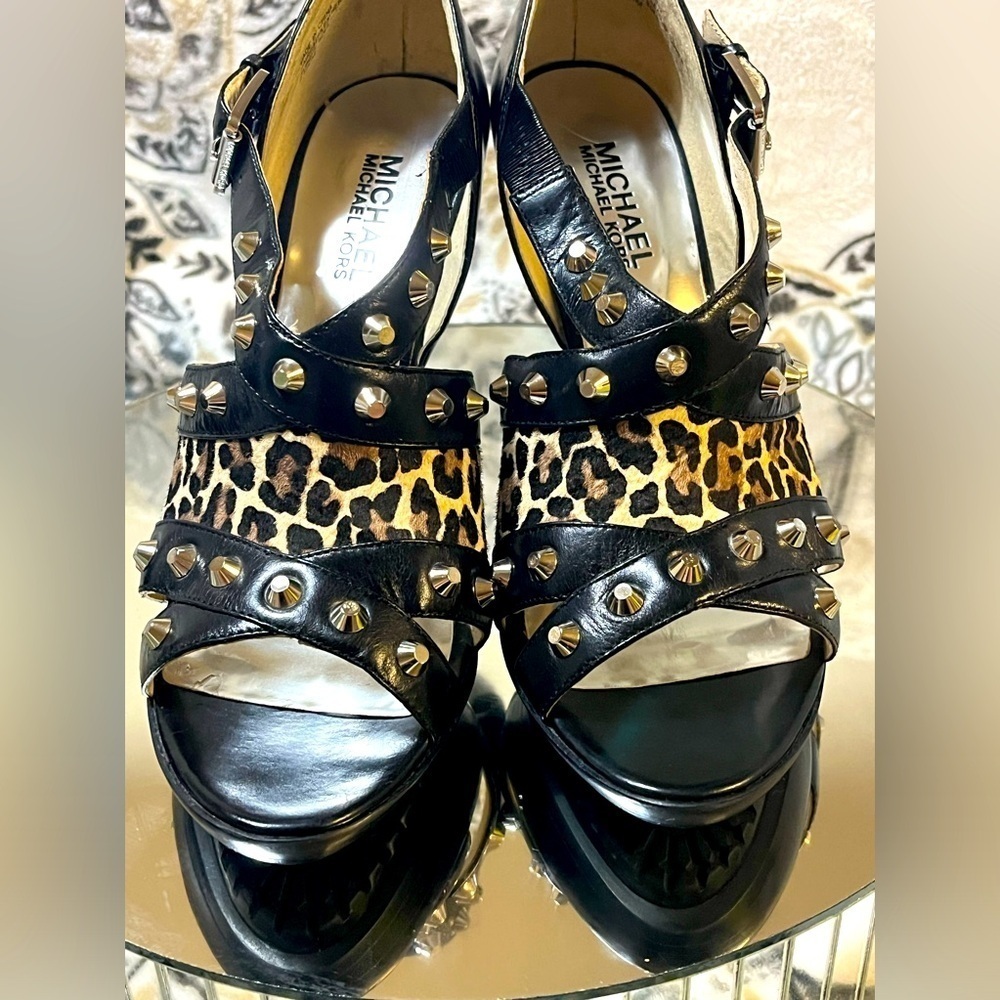 Michael Kors Leather & Calf Hair Leopard Print Studded High Open Toe Heels 7.5M